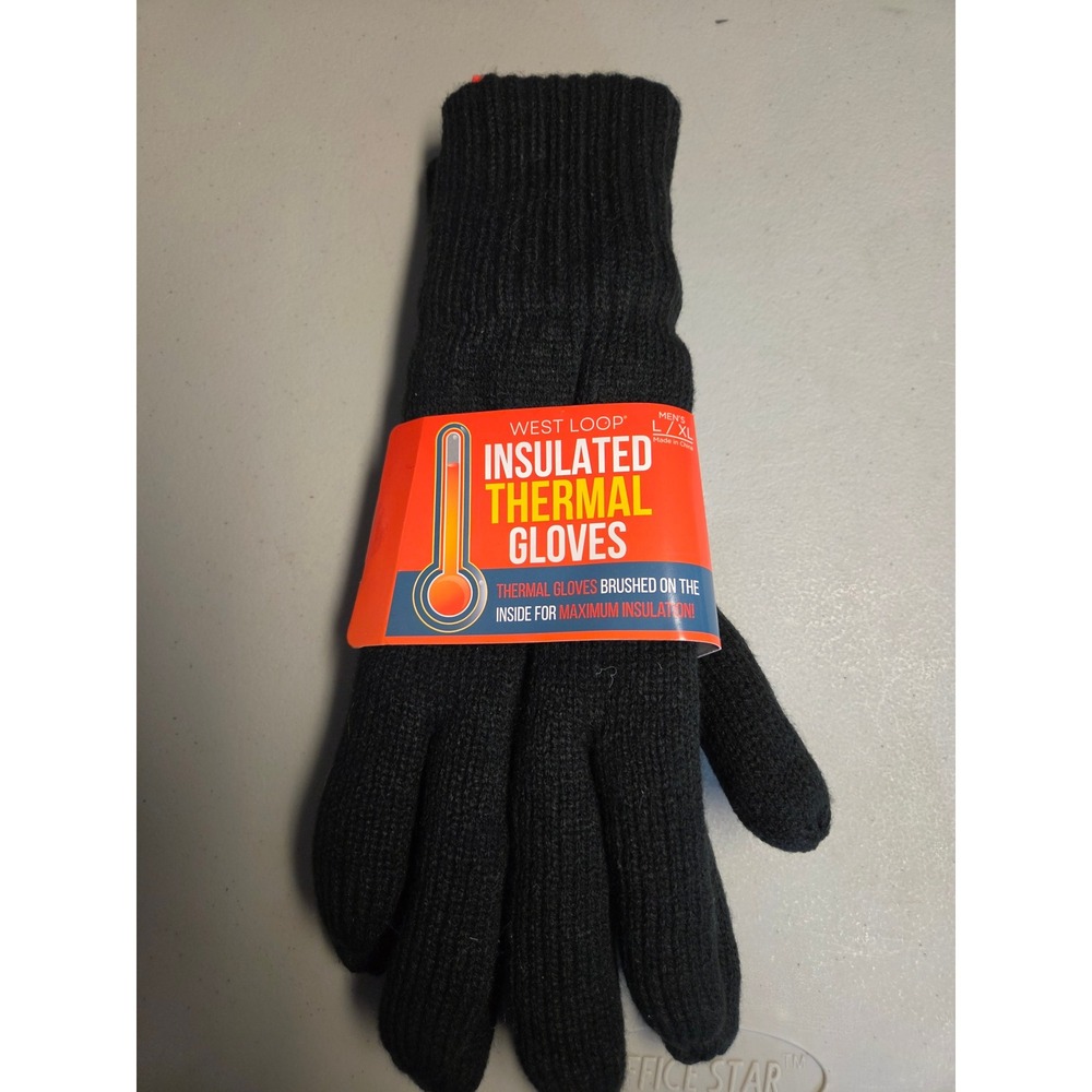 West Loop Mens Insulated Thermal Gloves Black Knit Brushed Interior L/XL 938350
